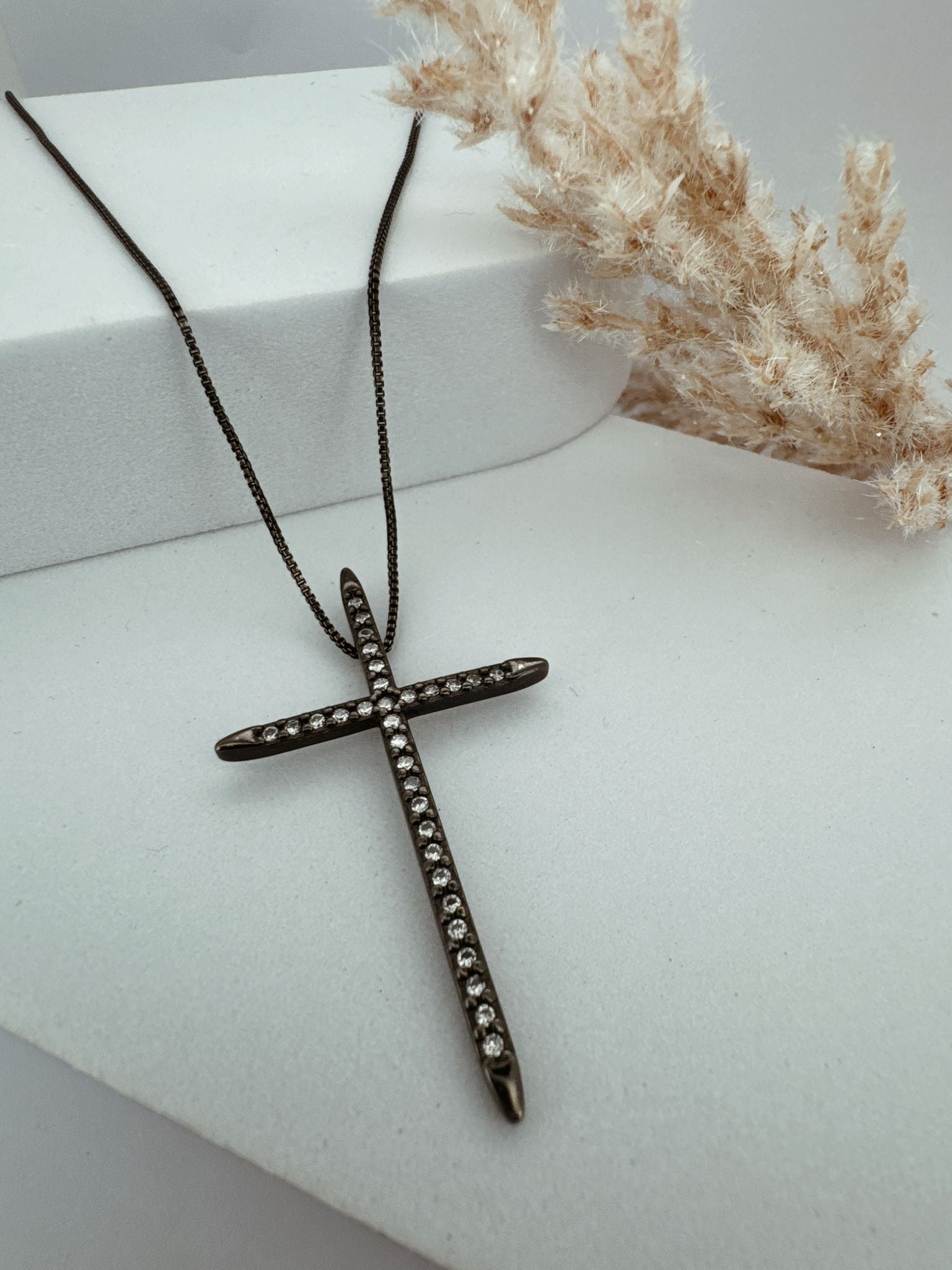 BLACK RHODIUM NECKLACE, CROSS WITH ZIRCONIA