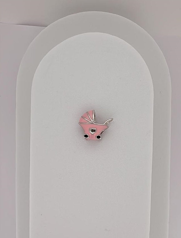PINK BABY STROLLER CHARM - WHITE GOLD